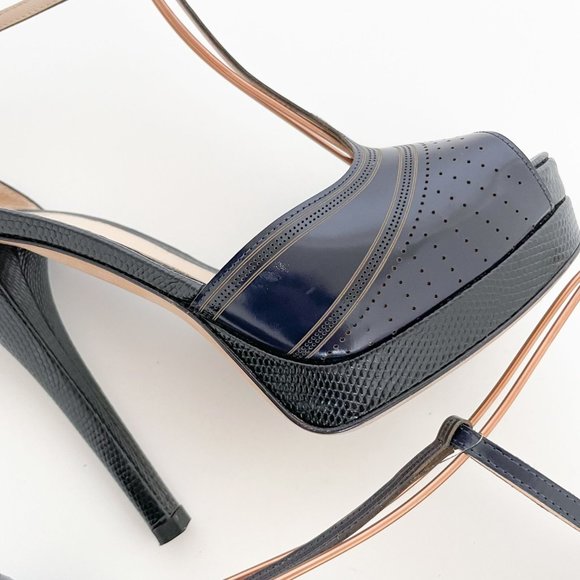 Fendi T-Strap Platform Sandal Navy Size 39 US 9 Blue Laser Cut Peep Toe Heel - Picture 10 of 13